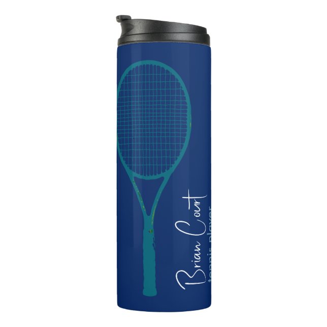 Tennis Racquet Personalized Blue  Thermal Tumbler (Rotated Right)