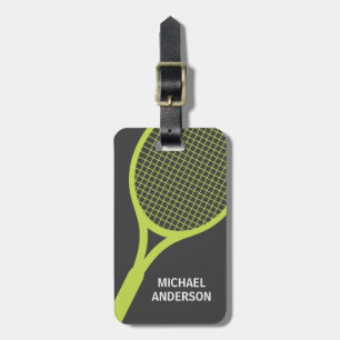Tennis racquet personalized name green and grey luggage tag
