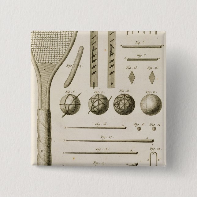 Tennis Racquets and Billiard Cues, from the 'Encyc 2 Inch Square Button (Front)