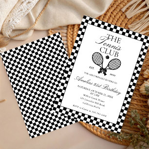  Tennis Retro Black white  Bow Birthday Invitation