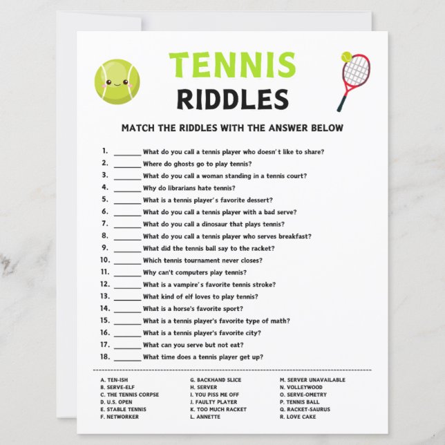 Tennis Riddles Game (Front)