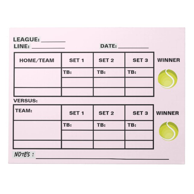 Tennis Score Pad - Tennis Score Sheets Pink (Front)