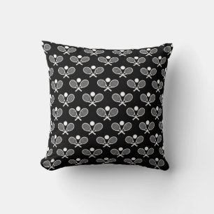 Tennis Seamless Pattern - Racket and Ball on Black Throw Pillow