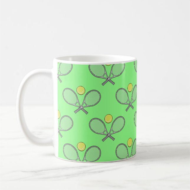 Tennis Seamless Pattern - Racket and Ball on Green Coffee Mug (Left)