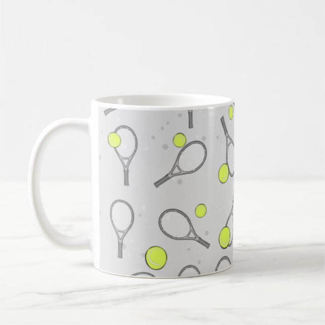 Tennis Seamless Pattern - Racket and Ball on Grey Coffee Mug (Left)