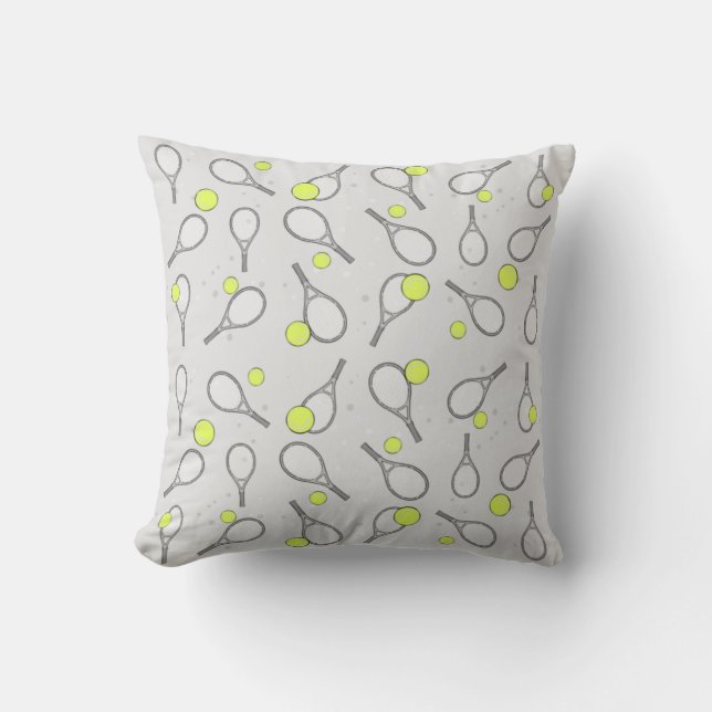Tennis Seamless Pattern - Racket and Ball on Grey  Throw Pillow (Front)
