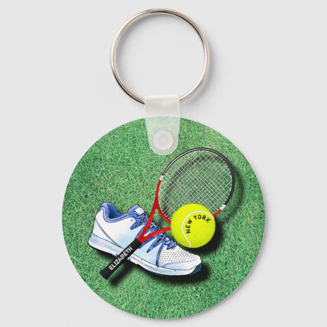 Tennis Shoe Ball Racket On Grass And Your Own Text Keychain (Front)