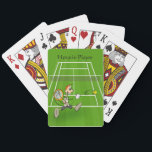 Tennis Sport Cartoon Player on Court Personalize Playing Cards<br><div class="desc">Just a fun deck of cards for Tennis players or fans who also like to play card games. The main design is of a humourous cartoon character just as he slams the ball This design is set on the outline of a green tennis court. Personalize it with a name above...</div>
