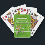 Tennis Sport Cartoon Player on Court Personalize Playing Cards<br><div class="desc">Just a fun deck of cards for Tennis players or fans who also like to play card games. The main design is of a humourous cartoon character just as he slams the ball This design is set on the outline of a green tennis court. Personalize it with a name above...</div>