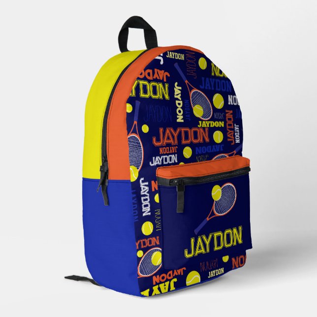 Tennis sports orange white blue yellow custom name printed backpack (Back Corner Left)