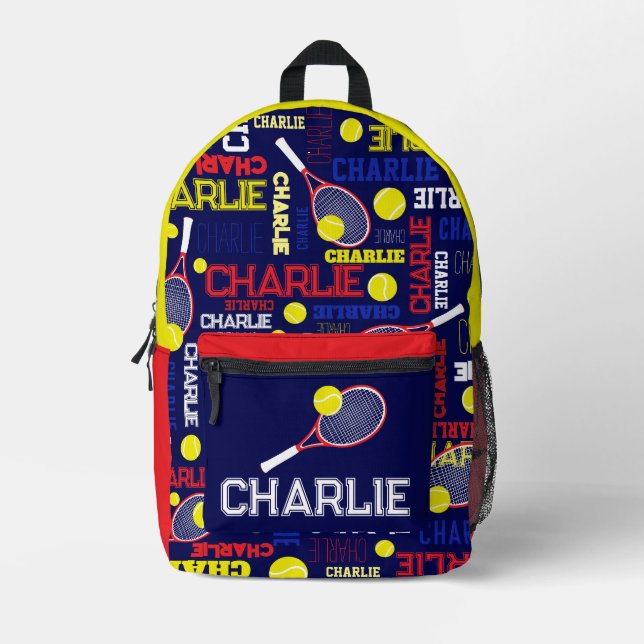 Tennis sports red white blue yellow custom name printed backpack (Front)