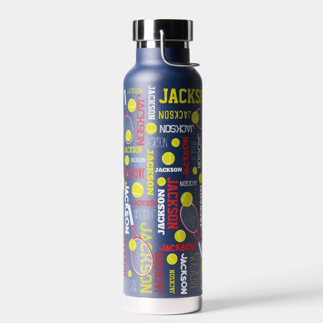 Tennis sports red white yellow custom name  water bottle (Left)