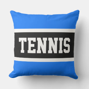 TENNIS Sporty 70s Bright Blue Black White Stripes Outdoor Pillow