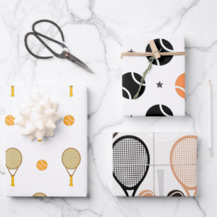 Tennis Star Orange & Black Racket Ball Patterns    Wrapping Paper Sheet