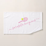 Tennis Team Name Pink Personalized Hand Towel<br><div class="desc">Personalized tennis team name hand towel in Pink and White with a tennis racket design and custom text in a feminine modern script font. Any girls or womens tennis teammate would appreciate the elegant look on this modern and minimal useful tennis themed gift.</div>
