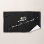Tennis Team Name Sports Club Hand Towel<br><div class="desc">Black and white personalized tennis team name hand towel with a simple cute tennis racket graphic and custom name or text in a feminine girly and modern pretty script font monogram. Any girls or womens tennis teammate would appreciate the elegant look on this modern and minimal useful tennis themed gift....</div>