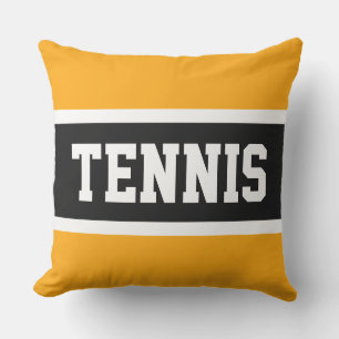 TENNIS Text Athletic Bright Yellow Black Stripes Outdoor Pillow