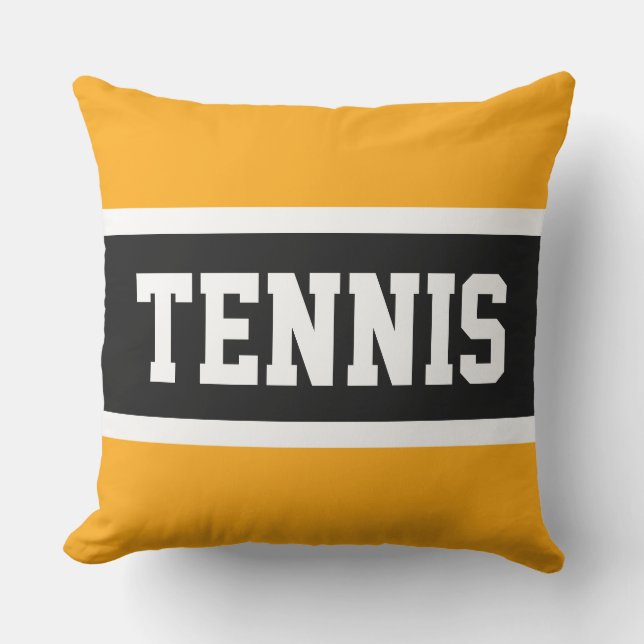 TENNIS Text Athletic Bright Yellow Black Stripes Outdoor Pillow (Front)