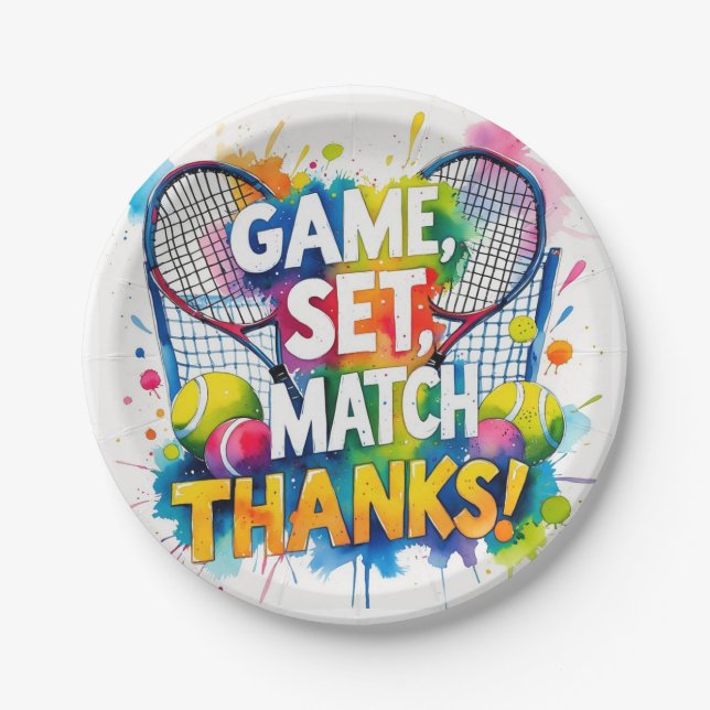 Tennis Thank you party with racket and ball  Paper Plate (Front)