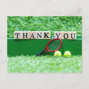 Tennis Thank you  wooden word with racket and ball Postcard
