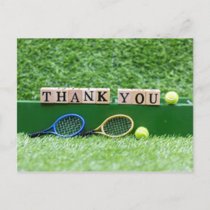 Tennis Thank you  wooden word with racket and ball Postcard