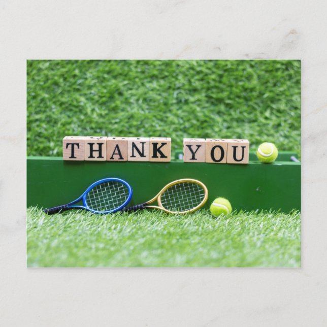 Tennis Thank you  wooden word with racket and ball Postcard (Front)