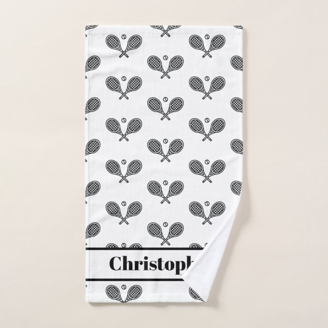 Tennis Theme Monogrammed Name Tennis Racquets Hand Towel (Hand Towel)