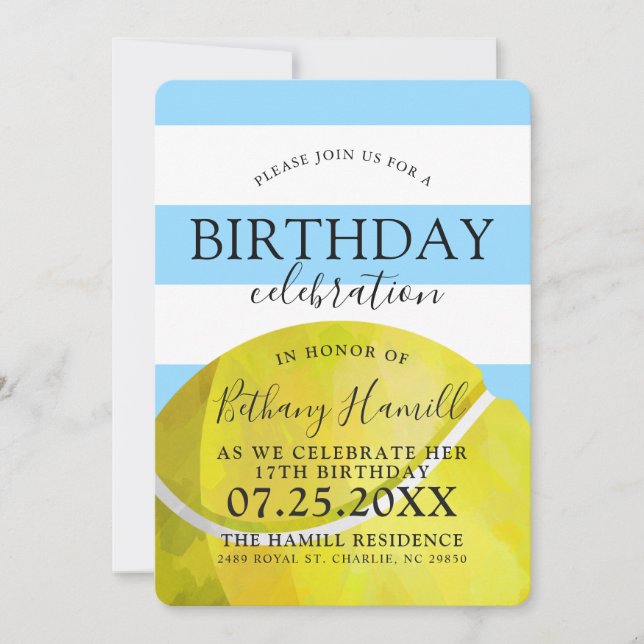 Tennis Themed Birthday Party Blue Invite (Front)