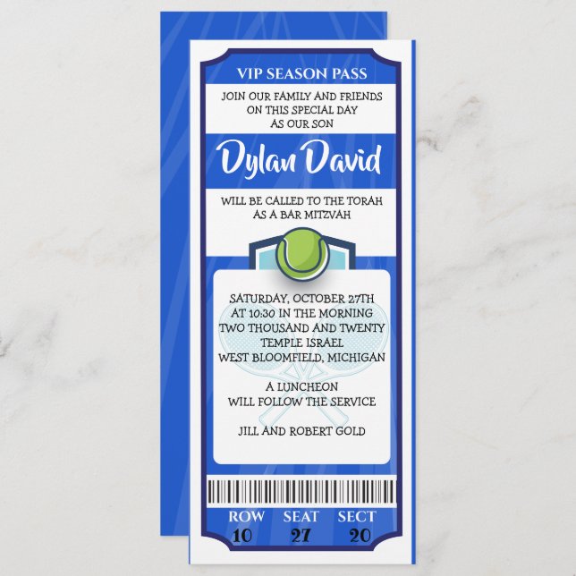 TENNIS TICKET Bar Bat Mitzvah Invitation (Front/Back)