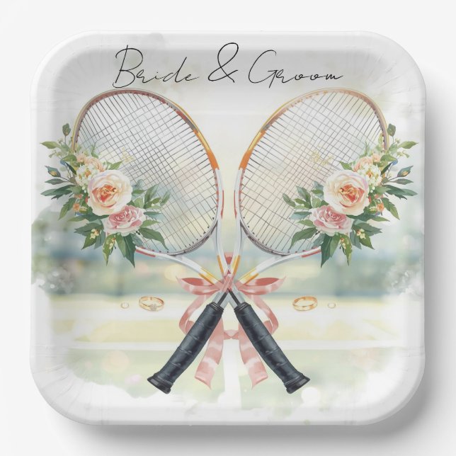 Tennis Wedding Racket with Flower Bride & Groom Paper Plate (Front)
