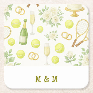 Tennis Wedding theme with Champagne Racket Ring Square Paper Coaster