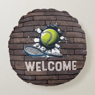 Tennis Welcome tennis player ball cracking wall Round Pillow