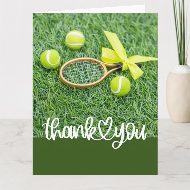 Tennis with racket and balls on green grass thank you card (Front)