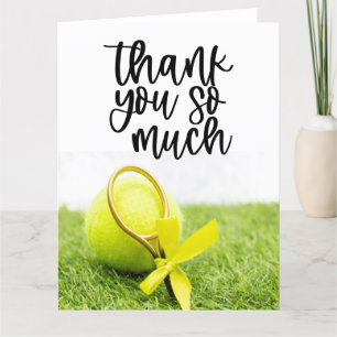 Tennis with racket and balls on green grass thank you card