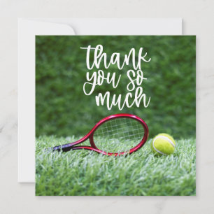 Tennis with racket and balls on green grass thank you card