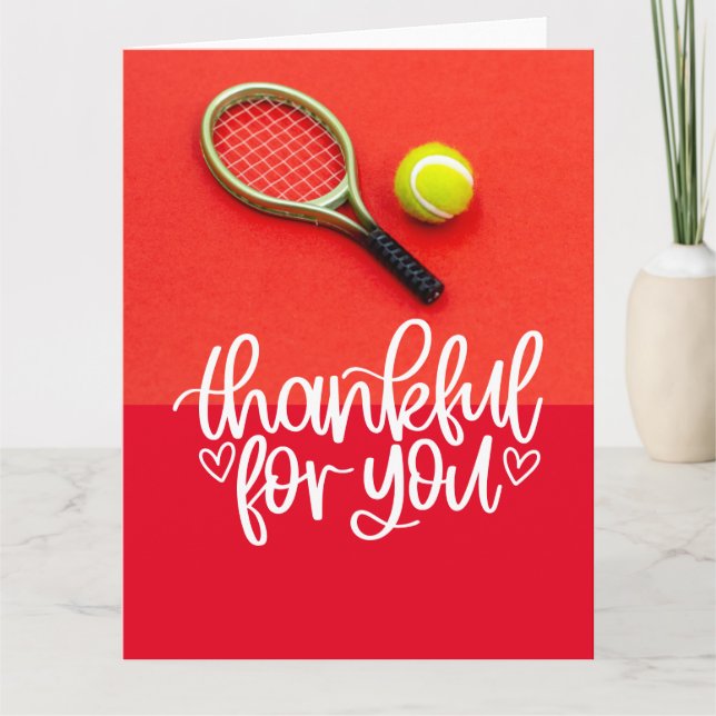 Tennis with racket and balls on red for Player Thank You Card (Front)