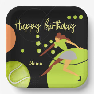 Tennis woman is playing Happy Birthday on yellow Paper Plate
