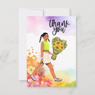 Tennis woman player with flowers thank you card