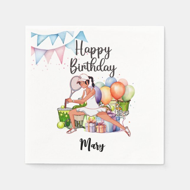 Tennis Woman Player with Happy Birthday word  Napkin (Front)