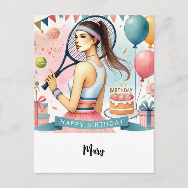 Tennis Woman Player with Happy Birthday word  Postcard (Front)