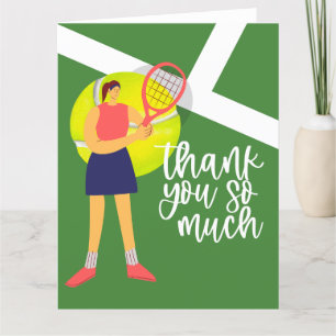 Tennis woman player with thank you word card