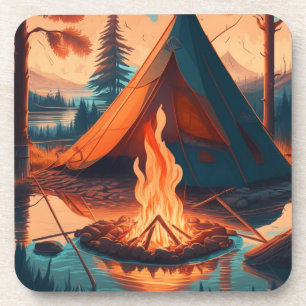 Tent and Campfire Vintage Colours Art Coaster