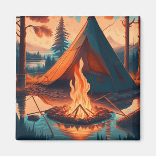 Tent and Campfire Vintage Colours Art Magnet