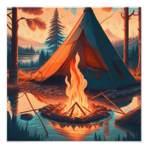 Tent and Campfire Vintage Colours Art Photo Print