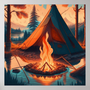 Tent and Campfire Vintage Colours Art Poster