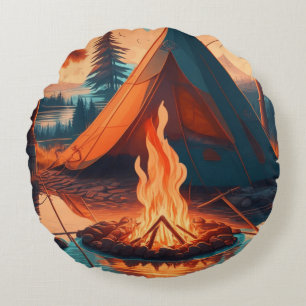 Tent and Campfire Vintage Colours Art Round Pillow