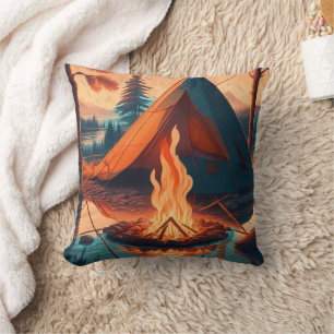 Tent and Campfire Vintage Colours Art Throw Pillow