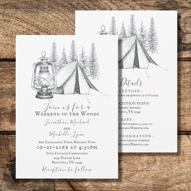 Tent and Lantern Camping Sketch All In One Wedding Invitation (Creator Uploaded)
