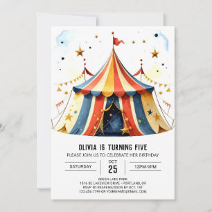 Tent Custom Watercolor Circus Birthday Invitation