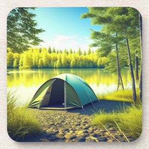 Tent in a Beautiful Forest by a Lake Coaster